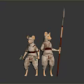 Two Mouse Like Characters In Red Straps Standing Together With Spear And Small Tool