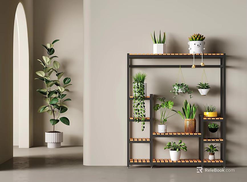Multi Tiered Flower Stand With Black Frame Wooden Shelves And Potted Hanging Plants 3d model 