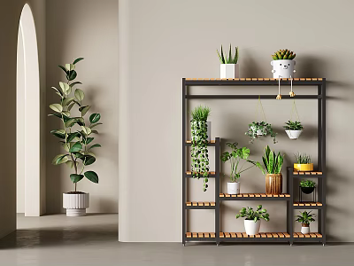 Multi Tiered Flower Stand With Black Frame Wooden Shelves And Potted Hanging Plants 3d model