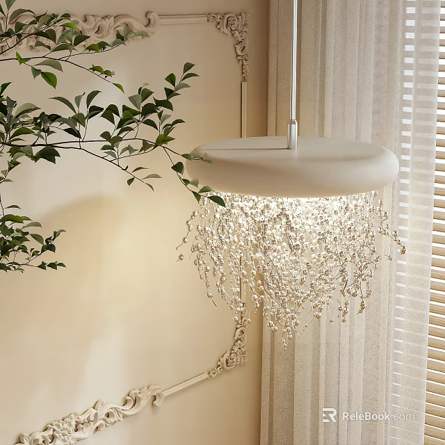 Elegant White Crystal Chandelier With Hanging Beads In Indoor Space With Green Plants And Curtains 3d model 