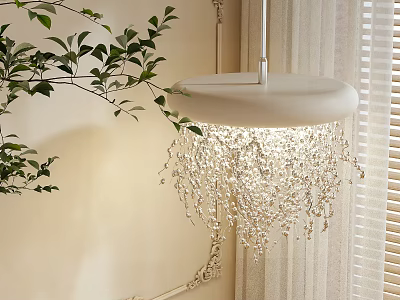 Elegant White Crystal Chandelier With Hanging Beads In Indoor Space With Green Plants And Curtains 3d model