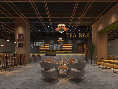 Warm Tea Bar Interior With Wooden Walls Ceiling Pendant Lights And Cozy Tables 3d model