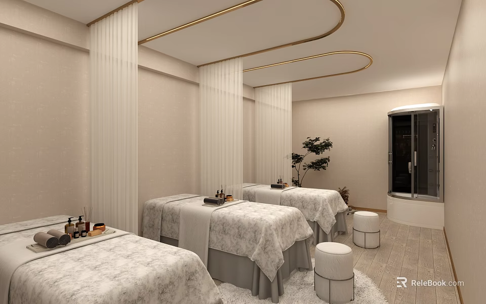 Luxurious SPA Area With Massage Beds Sheer Curtains And Sauna 3d model 