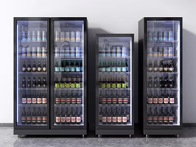 Three Commercial Glass Door Display Refrigerators Stocked With Various Bottled Beverages 3d model