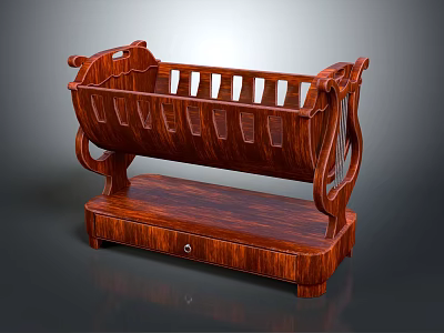 Classic Dark Brown Wooden Baby Crib With Carved Railing Sides And Drawer Base 3d model