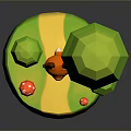 Low Poly Style Cartoon Fox Game Character with Green Tree Red Mushrooms on Small Island