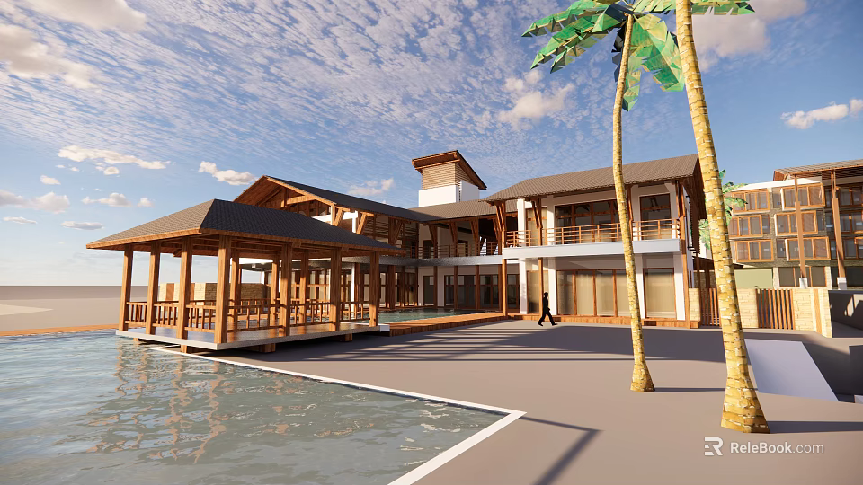 Serene Waterfront Villa Featuring Modern Wooden Architecture Balconies And Palm Trees 3d model 