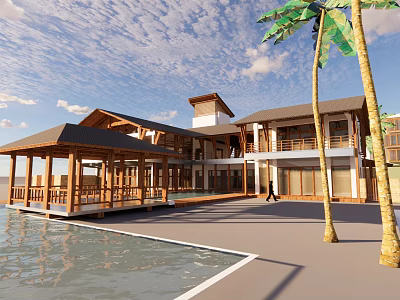 Serene Waterfront Villa Featuring Modern Wooden Architecture Balconies And Palm Trees 3d model