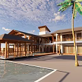 Serene Waterfront Villa Featuring Modern Wooden Architecture Balconies And Palm Trees