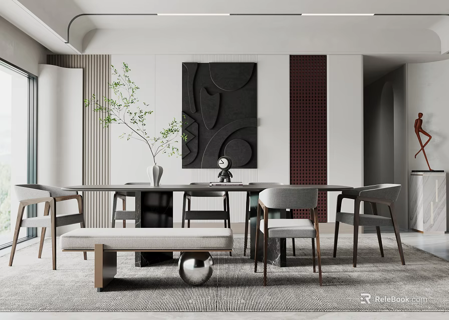 Modern Restaurant Interior With Dining Table Chairs Bench Vase And Abstract Artwork 3d model