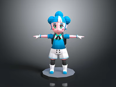 Game Movie Character 3D Model With Blue Double Buns Green Eyes Blue Top White Skirt 3d model
