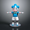 Game Movie Character 3D Model With Blue Double Buns Green Eyes Blue Top White Skirt