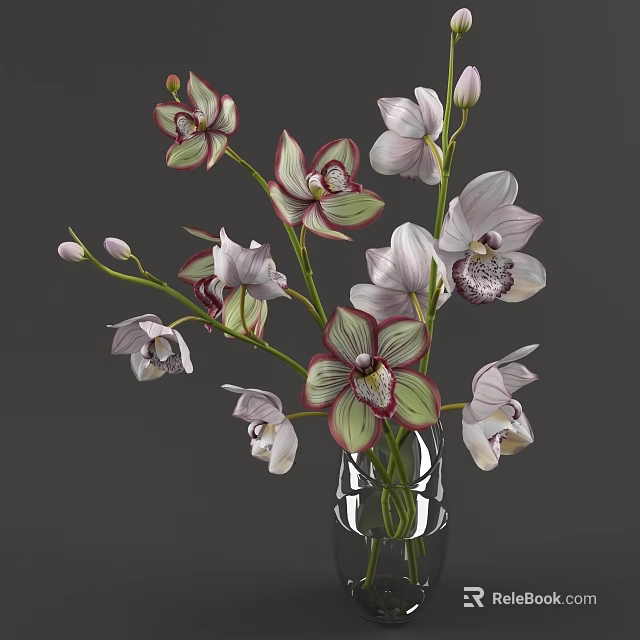 Decorative Glass Vase with Orchid Flowers White Pink Petals Green Stems Leaves 3d model 