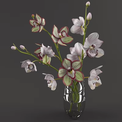 Decorative Glass Vase with Orchid Flowers White Pink Petals Green Stems Leaves 3d model