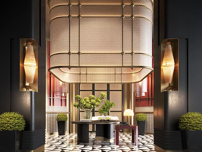 Luxurious Hotel Lobby Interior Design With Chandelier Reception Desk Green Plants And Patterned Floor 3d model