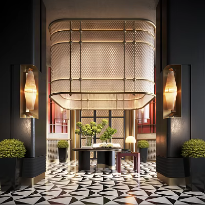 Luxurious Hotel Lobby Interior Design With Chandelier Reception Desk Green Plants And Patterned Floor 3d model