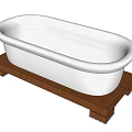 White Ceramic Bathtub Placed on Brown Wooden Stand in Modern Bathroom