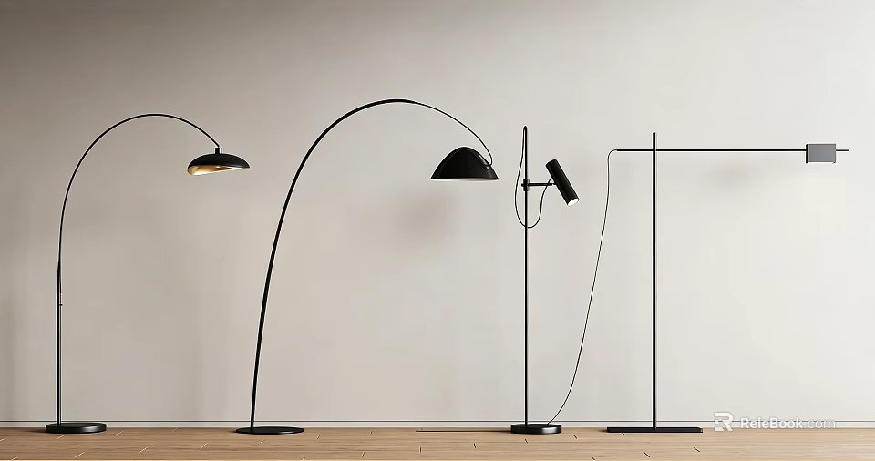 Modern Minimalist Black Floor Lamps With Various Curved And Straight Designs On Wooden Floor 3d model 