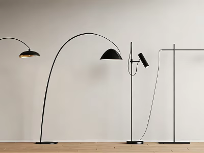 Modern Minimalist Black Floor Lamps With Various Curved And Straight Designs On Wooden Floor 3d model