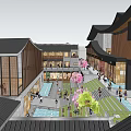 Traditional Modern Commercial Street With Tile Roofs Wooden Structures And Pedestrian Areas