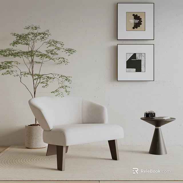 Modern White Accent Chair with Side Table Camera Green Plant and Wall Art on Rug 3d model 