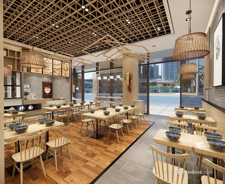 Modern Restaurant Interior With Open Space Wooden Tables Chairs Grid Ceiling Pendant Lights 3d model 
