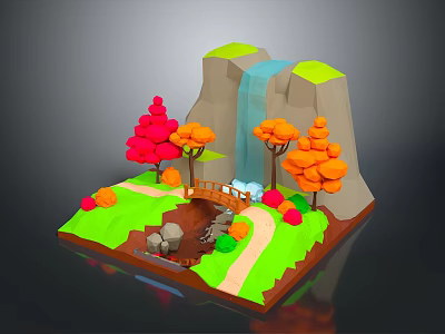 Scenic Mountain Landscape Featuring Waterfall Red Orange Trees Small Bridge Green Grass Path And Rocks 3d model