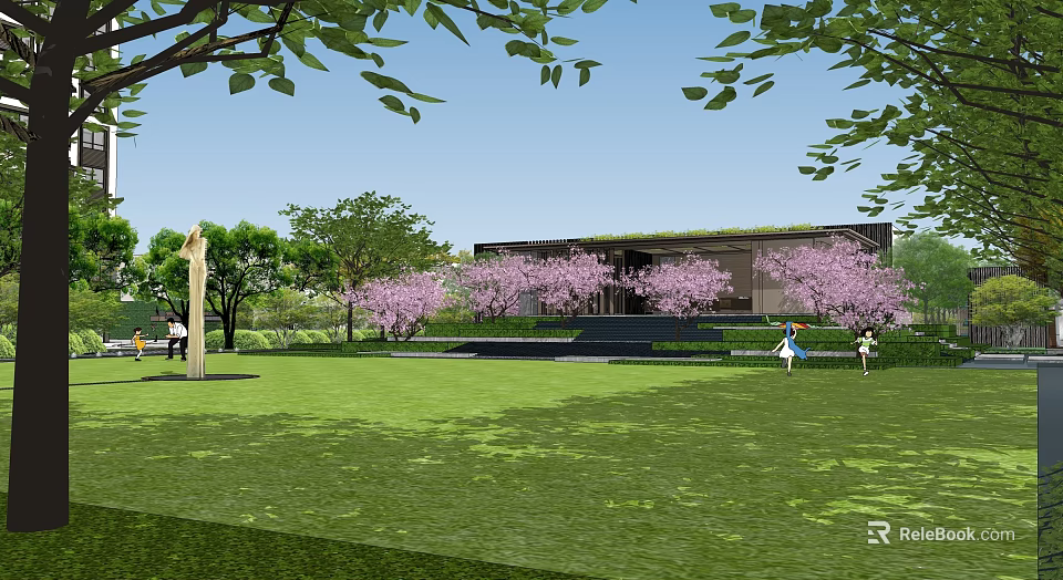 Modern Residential Landscape With Cherry Blossom Trees Green Lawn And Outdoor Activity Area 3d model 
