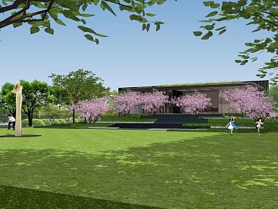Modern Residential Landscape With Cherry Blossom Trees Green Lawn And Outdoor Activity Area 3d model