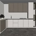 Modern Kitchen Interior with Wooden Cabinets White Countertop Gray Marble Floor and Built in Oven