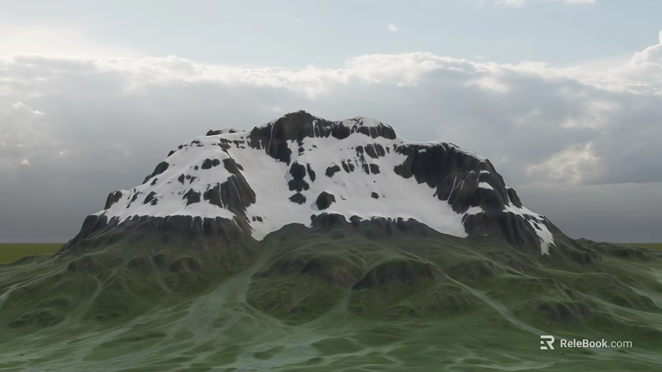 Garden Landscape Featuring Snow Covered Mountain Green Grass And Cloudy Sky 3d model 