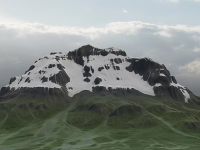 Garden Landscape Featuring Snow Covered Mountain Green Grass And Cloudy Sky 3d model