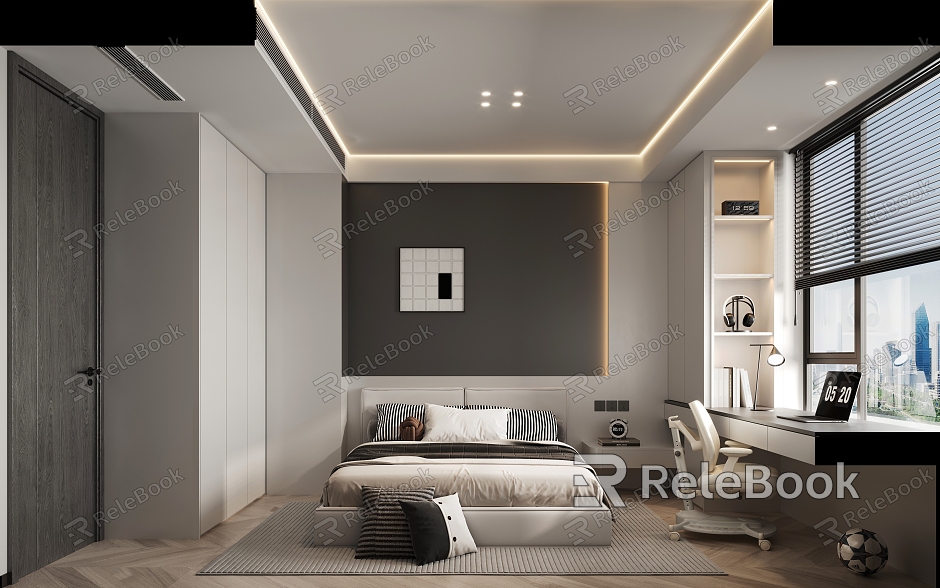 Children's room children's room minimalist bedroom black and white gray bedroom bedroom without main lamp model