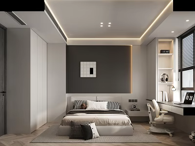 Modern Minimalist Kids Room Interior With Bed Desk Chair Bookshelf And Lighting 3d model
