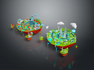 Colorful Cartoon Scenery Featuring Two Floating Islands With City Buildings Green Plants Clouds And Windmills 3d model