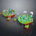 Colorful Cartoon Scenery Featuring Two Floating Islands With City Buildings Green Plants Clouds And Windmills