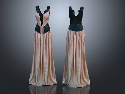 Two Elegant Long Gowns with Fitted Bodice Dark Waistband and Flowy Skirt 3d model