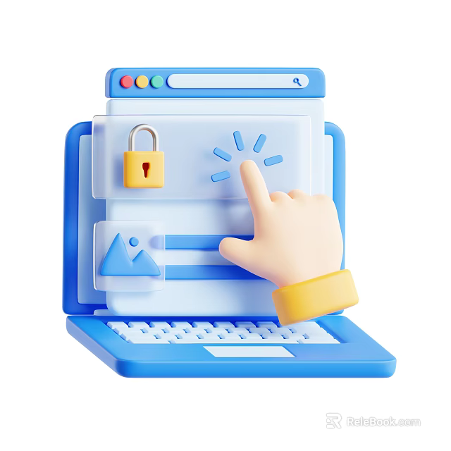 Laptop Screen Displaying Lock Icon With Finger Tapping Settings And Image Elements 3d model 