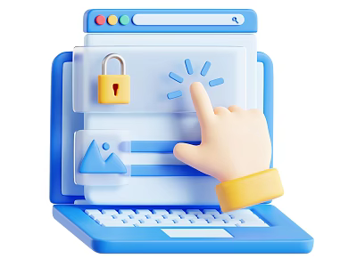 Laptop Screen Displaying Lock Icon With Finger Tapping Settings And Image Elements 3d model