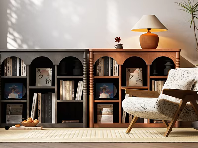 Modern Wooden Bookcase With Books Decor Items And Armchair In Living Room Interior 3d model