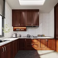 Kitchen Interior With Dark Wood Cabinets Window White Walls And Countertop Appliances