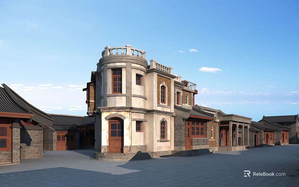 Traditional Commercial Street With Classical Architecture Arch Windows And Stone Paved Square 3d model 