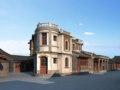 Traditional Commercial Street With Classical Architecture Arch Windows And Stone Paved Square 3d model