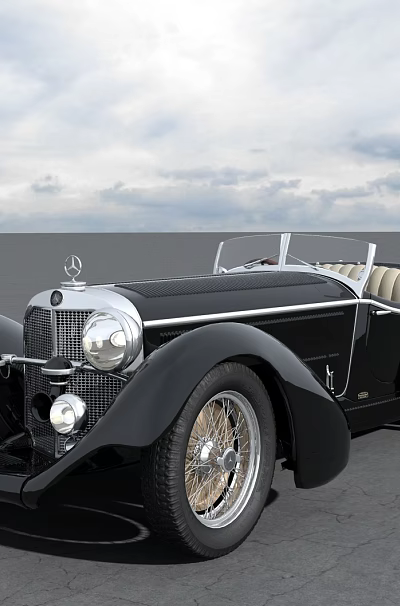 Classic Black Vintage Convertible Car with Spoke Wheels and Chrome Grille Against Cloudy Sky 3d model