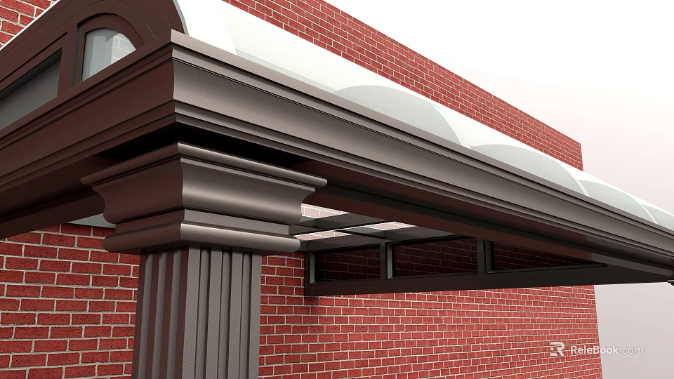 Sturdy Metal Awning Structure Mounted On Red Brick Wall With Decorative Columns 3d model