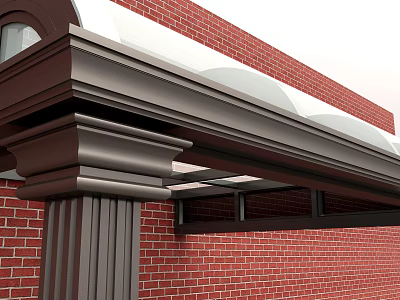 Sturdy Metal Awning Structure Mounted On Red Brick Wall With Decorative Columns 3d model