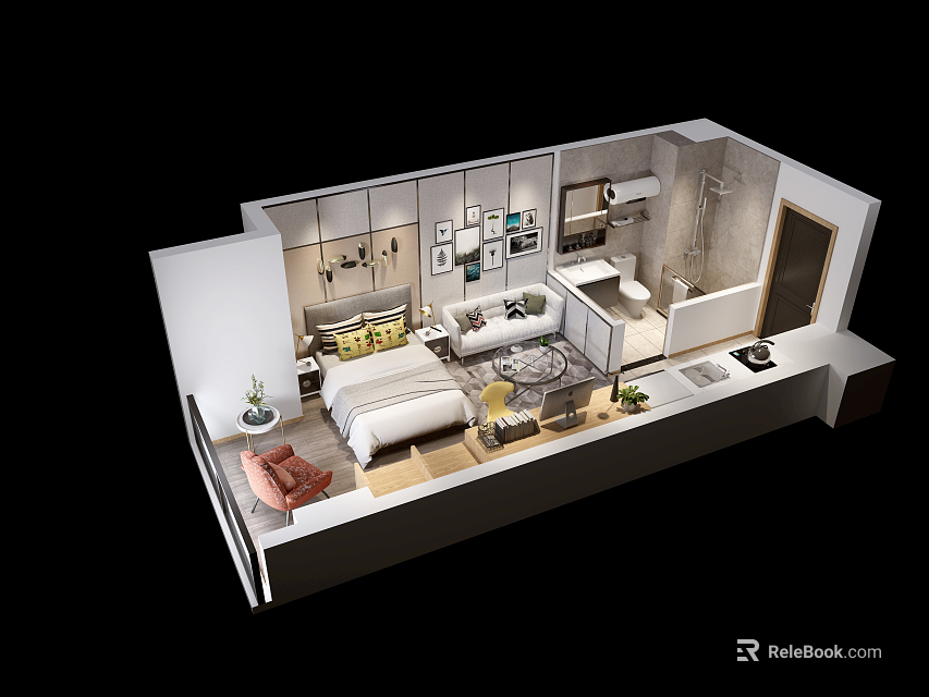 Birds Eye View Layout of Modern Interior with Bedroom Living Room Bathroom Furniture and Decor 3d model 