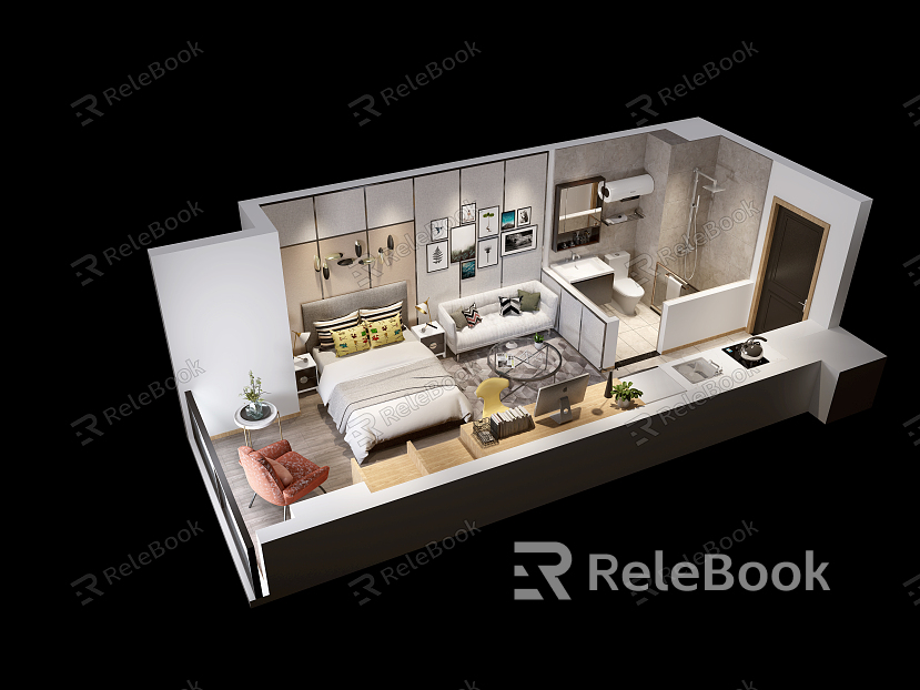 Modern Bird's Eye View Apartment Single Apartment Bird's Eye View Double Bedding Combination Sofa Combination Dining Table and Chair Soft Decoration model