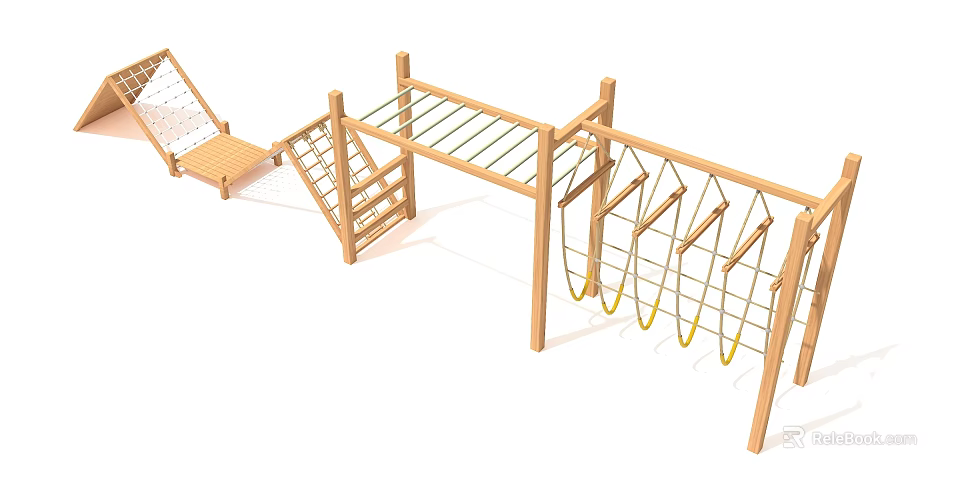 Kindergarten Outdoor Playground With Wooden Climbing Structures Ropes Ladders And Balance Beams 3d model 