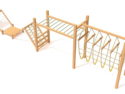 Kindergarten Outdoor Playground With Wooden Climbing Structures Ropes Ladders And Balance Beams 3d model